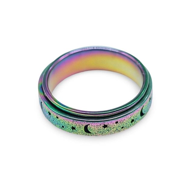 Arômes & Évasions - Rotating Ring - Stress Anxiety Relief - Stainless Steel - Rainbow Moon and Star For Discount