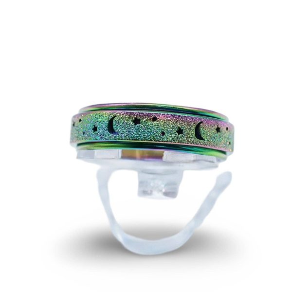 Arômes & Évasions - Rotating Ring - Stress Anxiety Relief - Stainless Steel - Rainbow Moon and Star For Discount