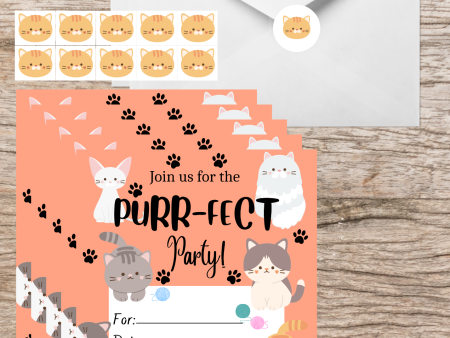 Cat Party Invitations with Envelopes + Stickers(10 cards) on Sale